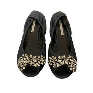 Vera Wang Navy Blue Shine Silver Rhinestone Peep Toe Ballet Flats 7.5